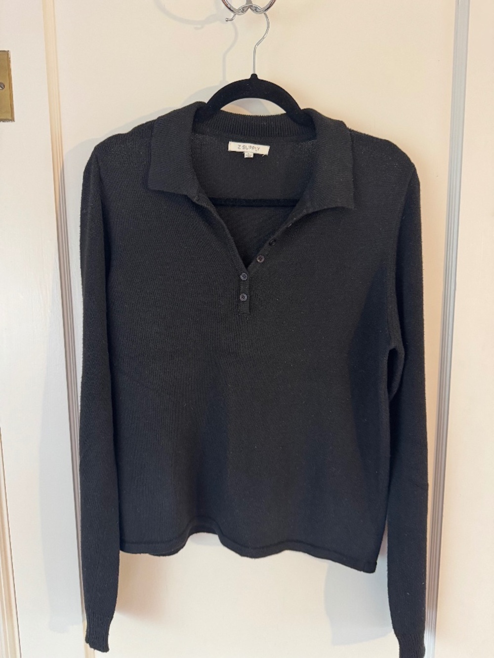 Z Supply Black Knit Long Sleeve Polo Shirt, Size L